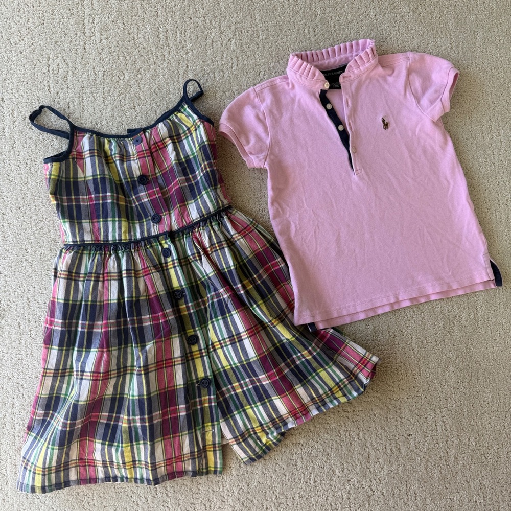 Polo Ralph Lauren Dress & Polo Set Girls 5 6 Pink Plaid Ruffle 2pc